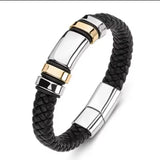 Black Leather Gold Steel Bracelet