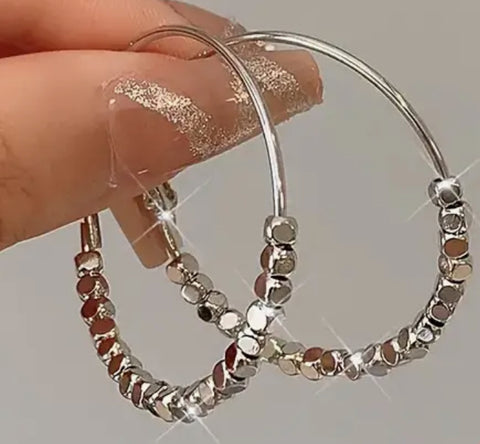 Sterling Silver Large Hoop Bumpy Beads Earrings