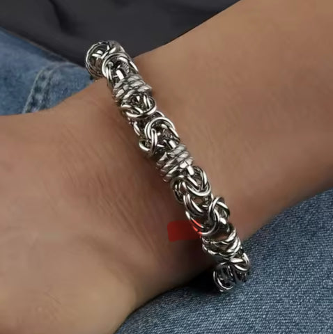 Silver Etched 10mm Byzantine Link Chain Bracelet