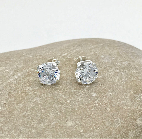 Sterling Silver Large Diamond 8mm Solitaire Stud Earrings