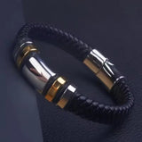 Black Leather Gold Steel Bracelet