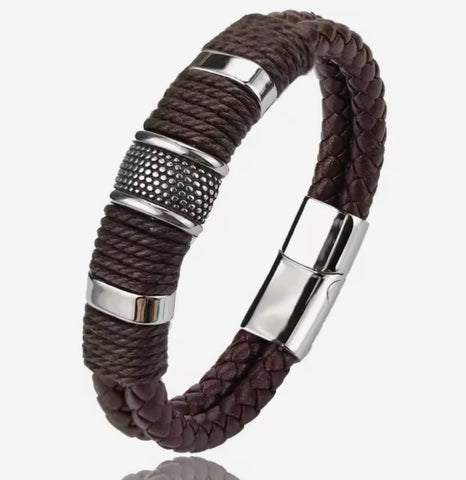 Thick Brown Leather and Steel Bracelet