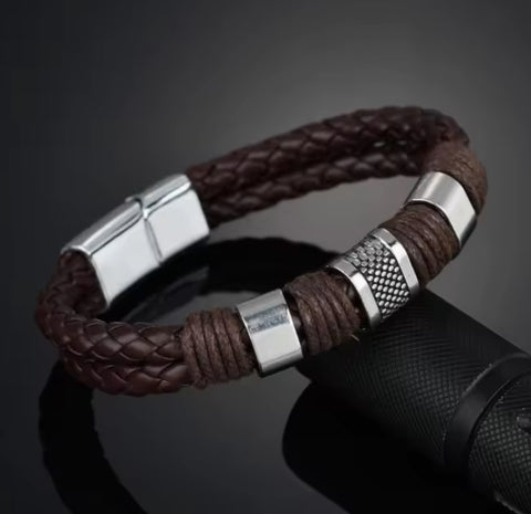 Brown Leather and Steel Bracelet