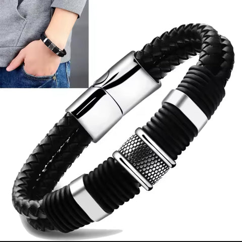 Black Leather and Steel Bracelet