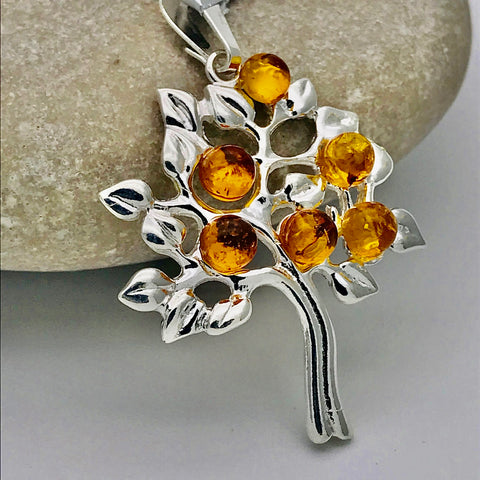 Sterling Silver Amber Orange Tree Pendant